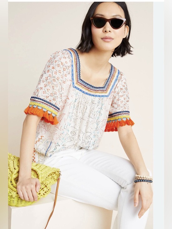 Maeve Tops - 🪸Maeve by Anthropologie🪸 Cream Floral Embroidered Square-Neck Tunic. Size XS